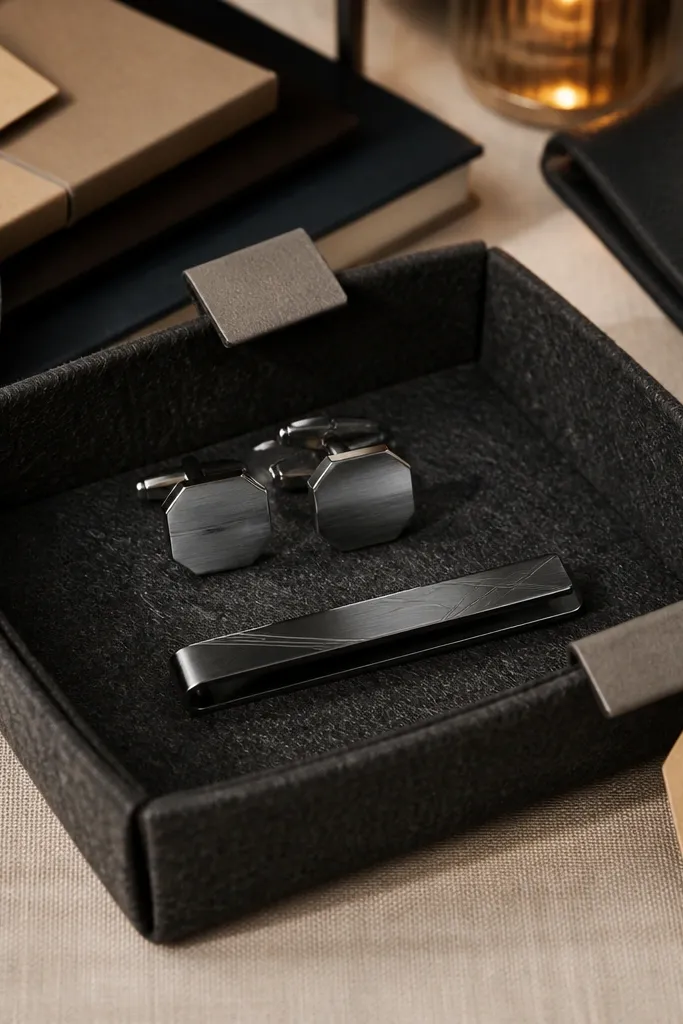 Cufflinks and small watch accessories on a felt tray with corner tags