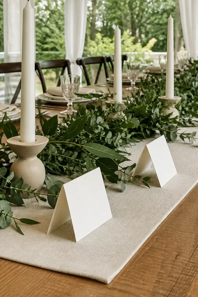Long table runner with greenery, candles, and name cards