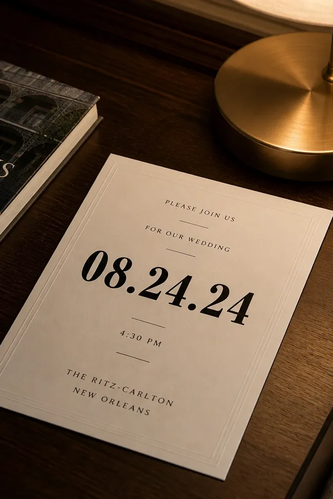 Cream card with oversized date at top and left-aligned RSVP line at bottom