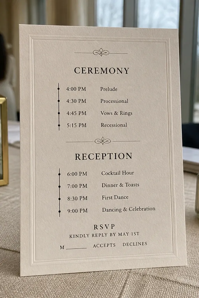 White invite with top block for ceremony and bottom block for reception, both left-aligned
