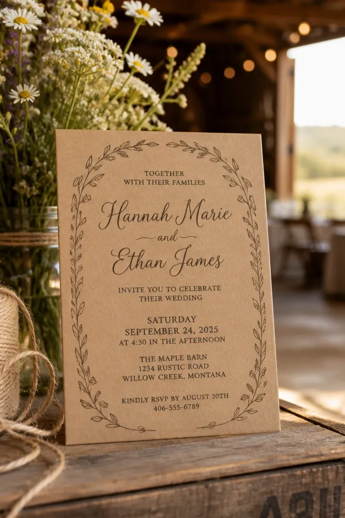 Cream card with rustic script couple names on top and stacked left-aligned event details
