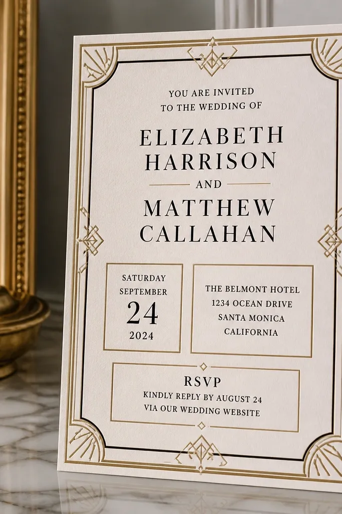 Black and cream invite with geometric panels dividing date, venue, and RSVP