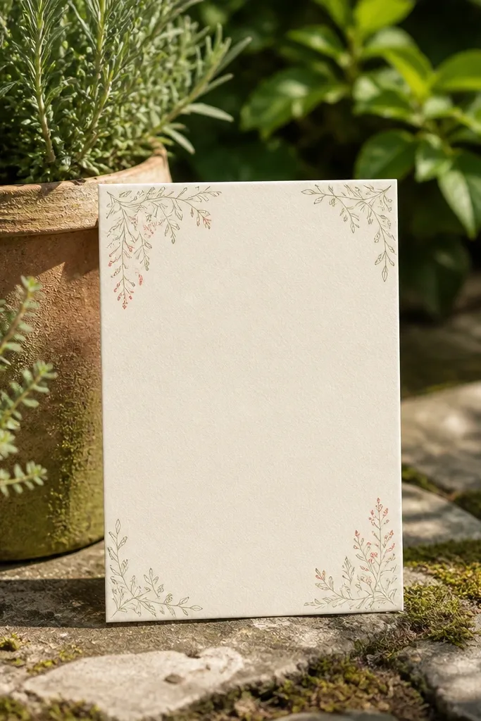 White invite with small corner illustrations and centered text block