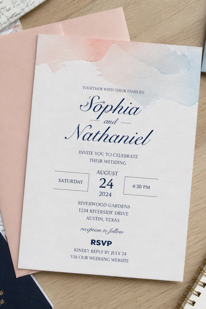 Pastel watercolor wash background with crisp black date and RSVP lines