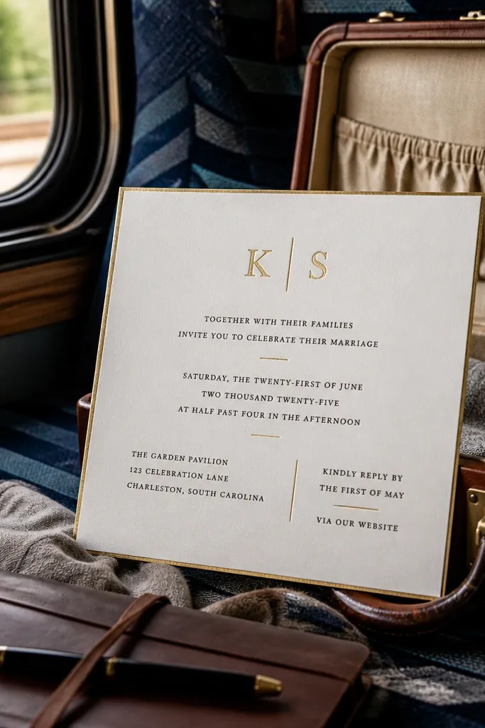 Invite with a monogram header and a neat address block with RSVP instructions below