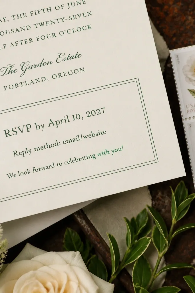 Invite with a large RSVP tag area split into three lines and event details above