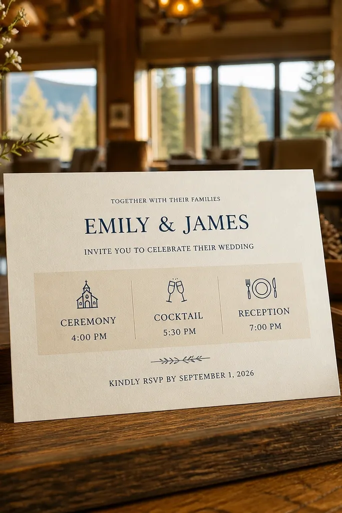 Invite with a horizontal timeline strip listing ceremony, cocktail, and reception with RSVP at bottom