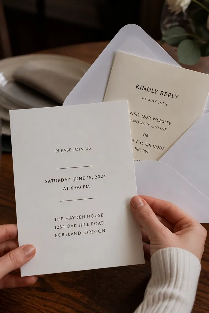 Invitation with minimal text and a separate RSVP card style layout shown on the main invite