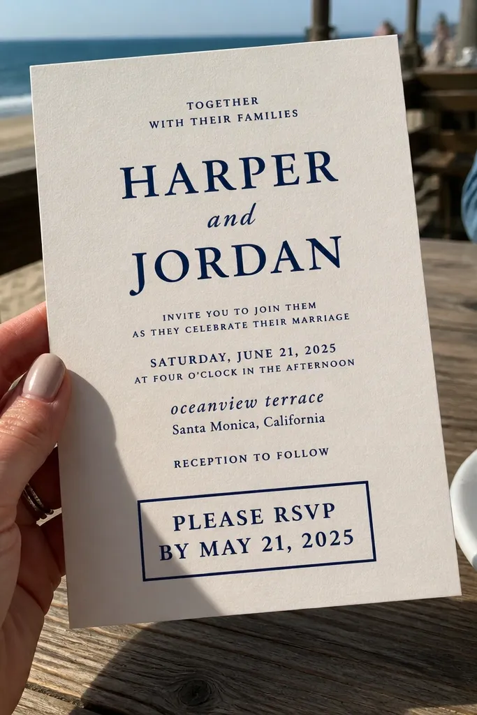 White invite with navy text, small wave motif, and bold RSVP deadline line