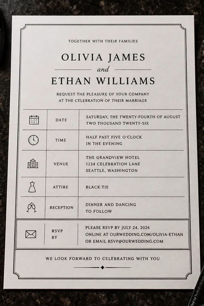 Black invite with gold accents and a clean grid of date, time, venue, and RSVP