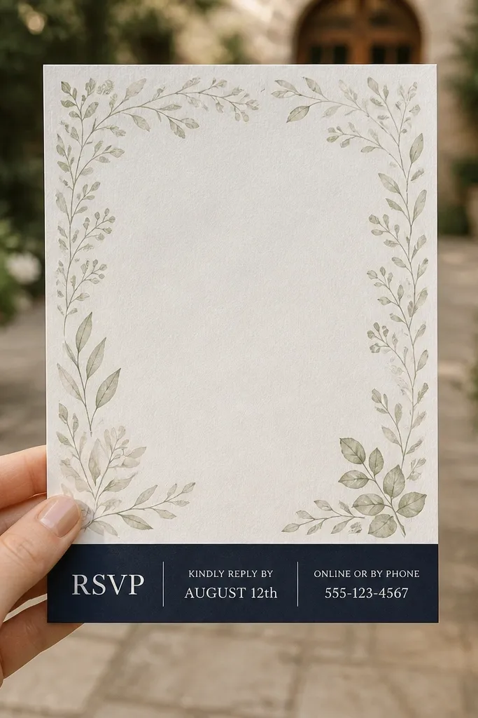 Green leaf border with a simple centered date and a clear RSVP footer block