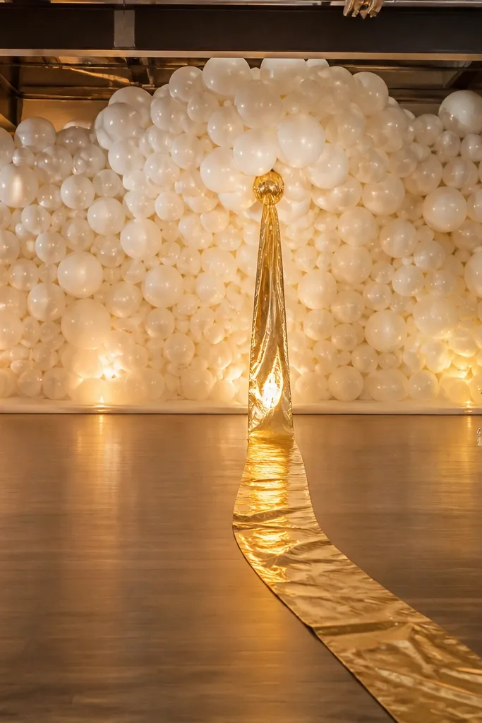White balloon cluster with a gold ribbon tail behind the dance stage