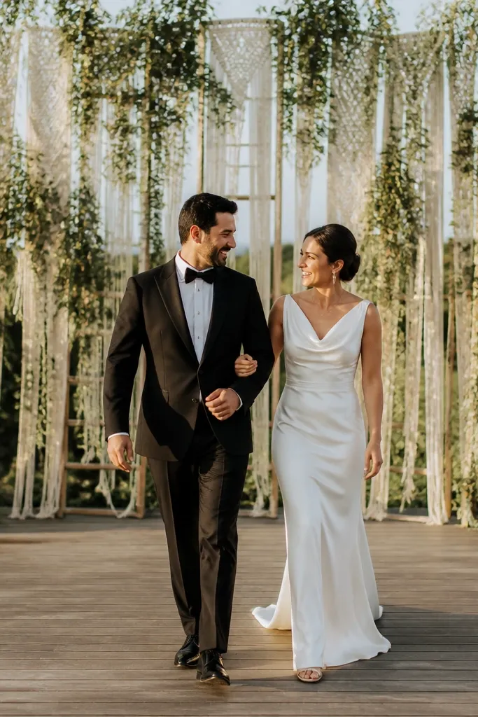 Macramé ladder backdrop with cascading greenery on a dance stage