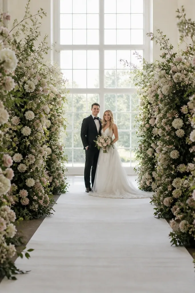 Tall floral columns on both sides with a clean center runner on stage