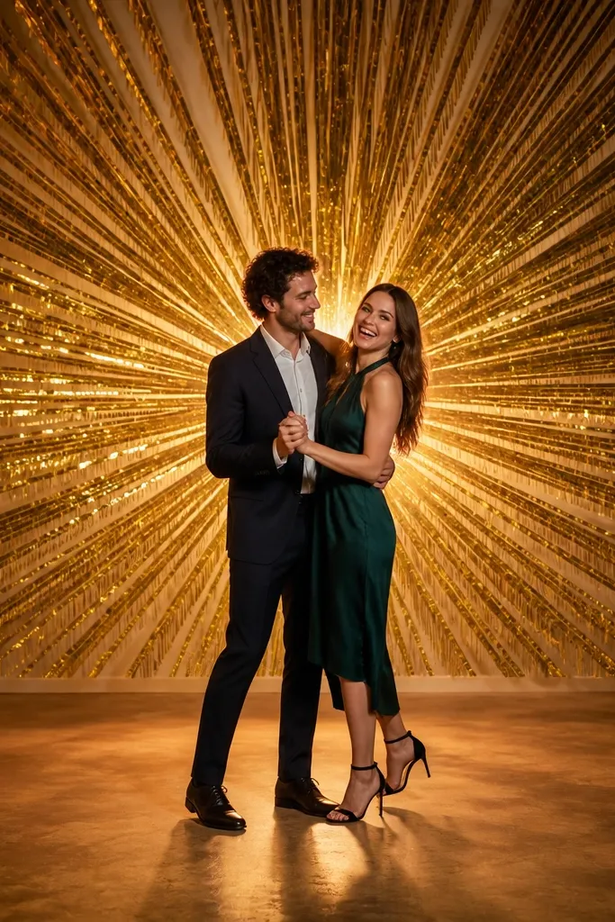Sunburst fringe backdrop in champagne satin behind a dance stage