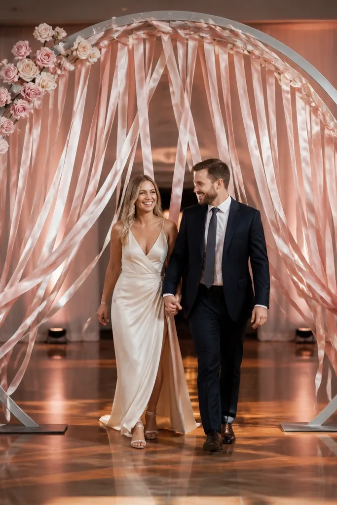 Rose ring arch with hanging ribbon fringe behind dance stage