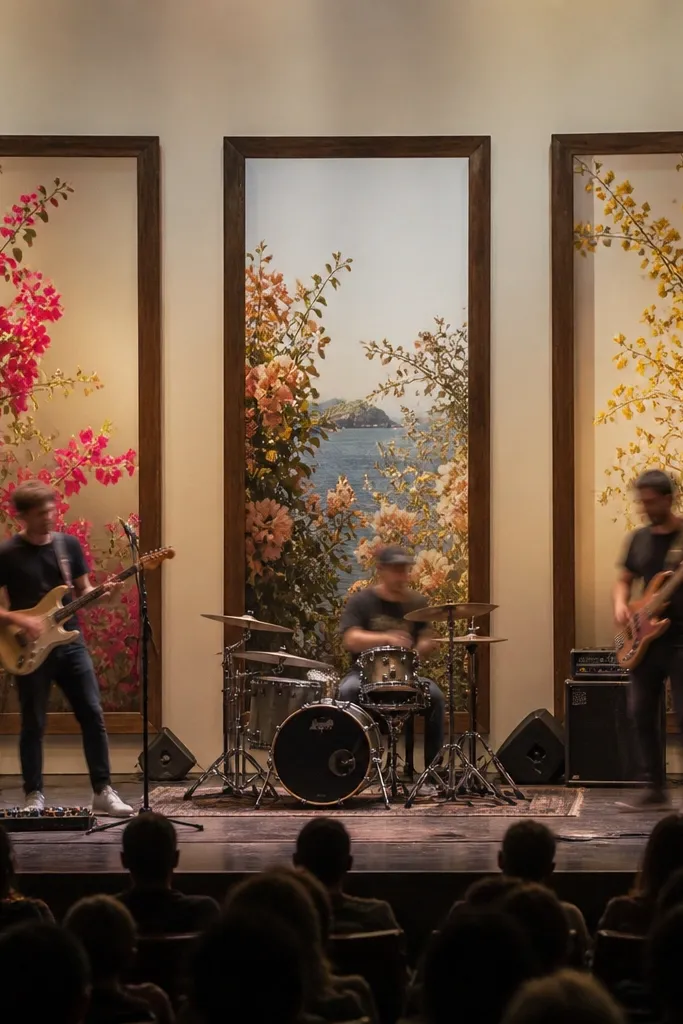 Framed floral panels arranged like a triptych behind a dance stage