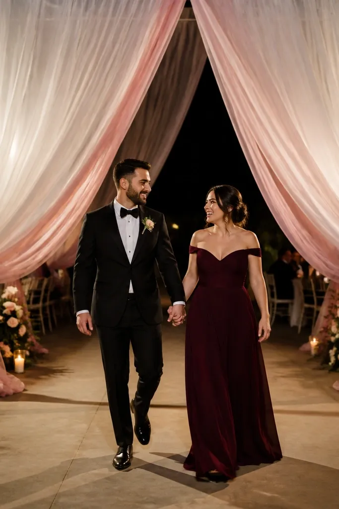 Tulle tunnel entry behind the dance floor with soft draped sides