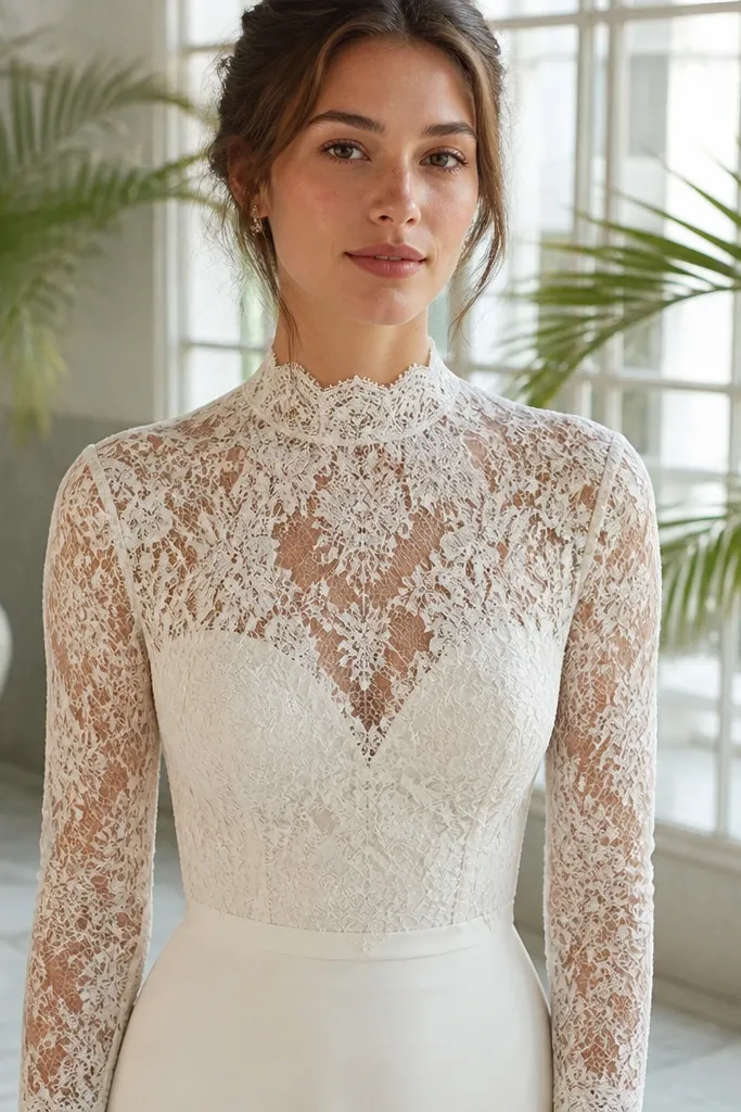 Ivory lace high-neck gown with long sleeves and a smooth crepe skirt