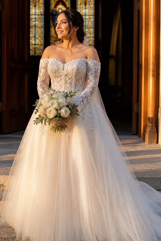 Ivory illusion off-shoulder wedding dress with long sleeves and tulle ballgown skirt