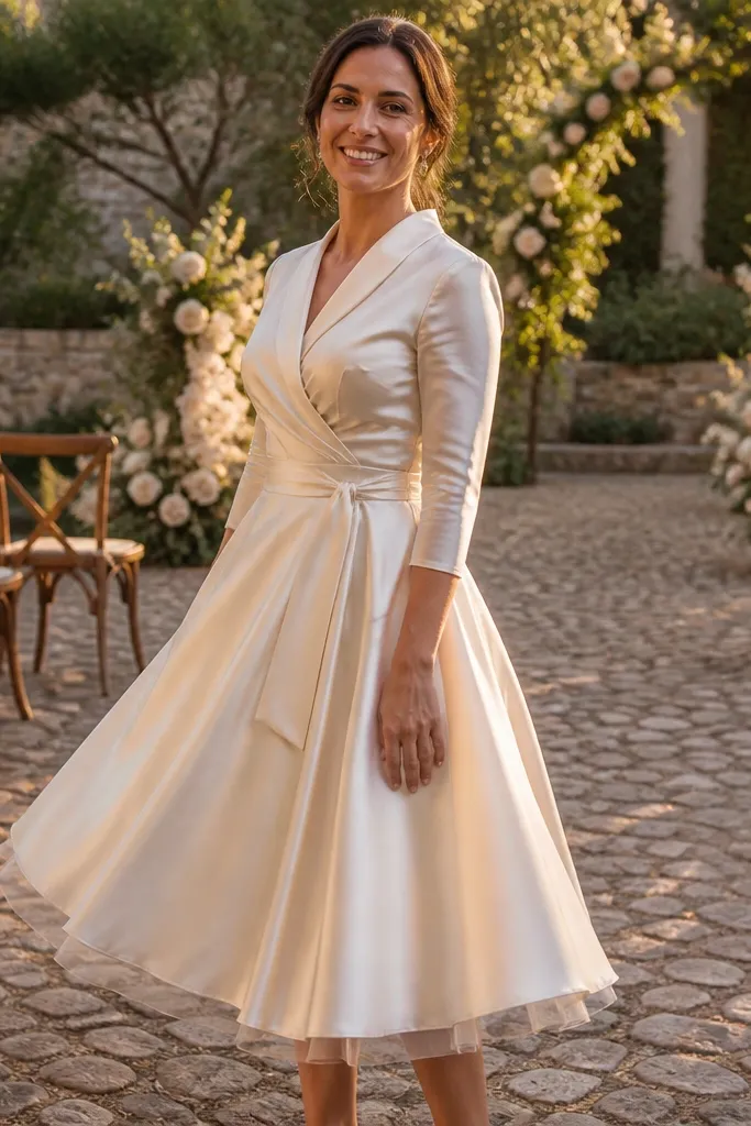 Ivory satin wrap wedding dress with 3/4 sleeves and a flared midi skirt