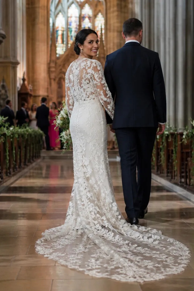 Ivory gown with long floral appliqué sleeves, straight skirt, and lace train