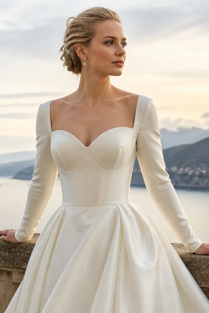 Ivory gown with long sleeves, structured sweetheart bodice, and soft ballgown skirt