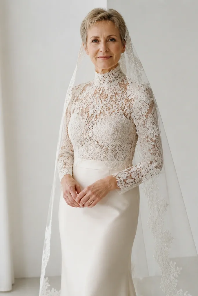 Ivory turtleneck lace wedding gown with a slip skirt and matching lace veil