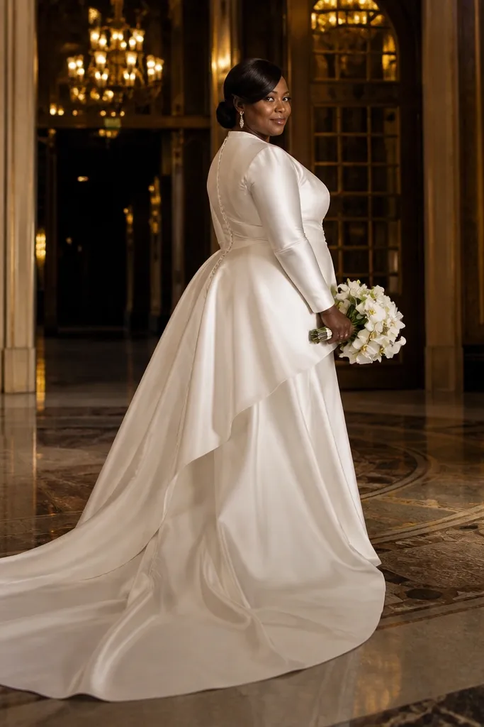Ivory long-sleeve satin wedding dress with wrap skirt overlay and long cathedral train