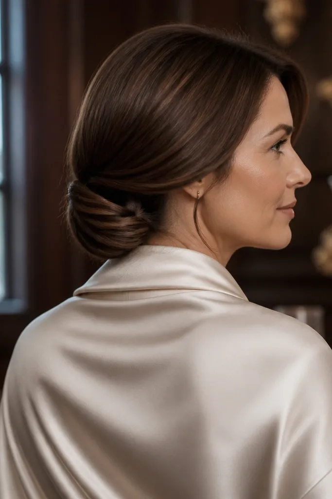 Short hair tucked into a low bun at the nape with pins