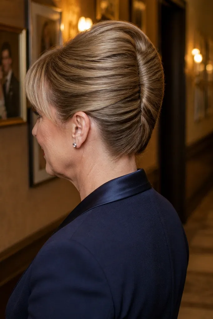 Short bob twisted into a French twist at the back with a smooth top