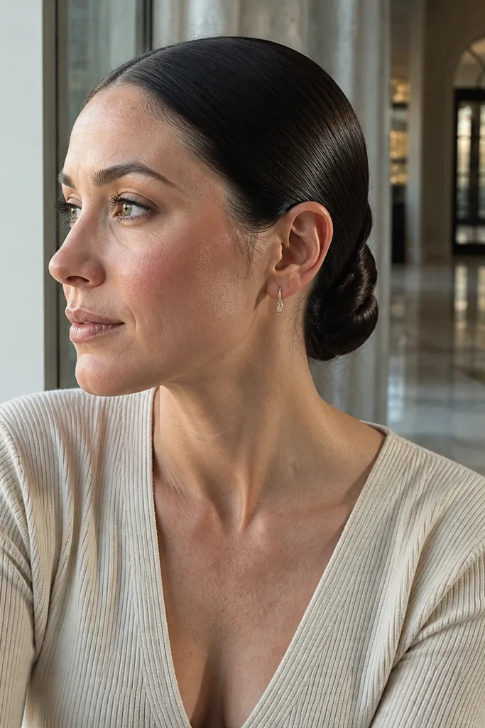 Smooth short hair twisted into a compact bun at the nape