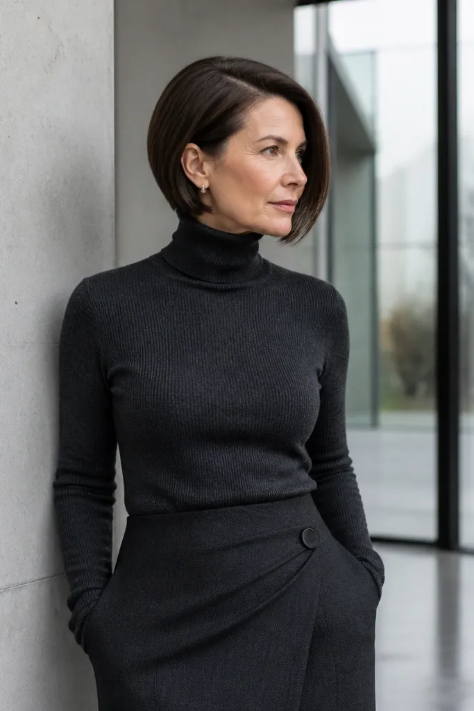Short bob with sleek side part and a hidden roll pinned at the back