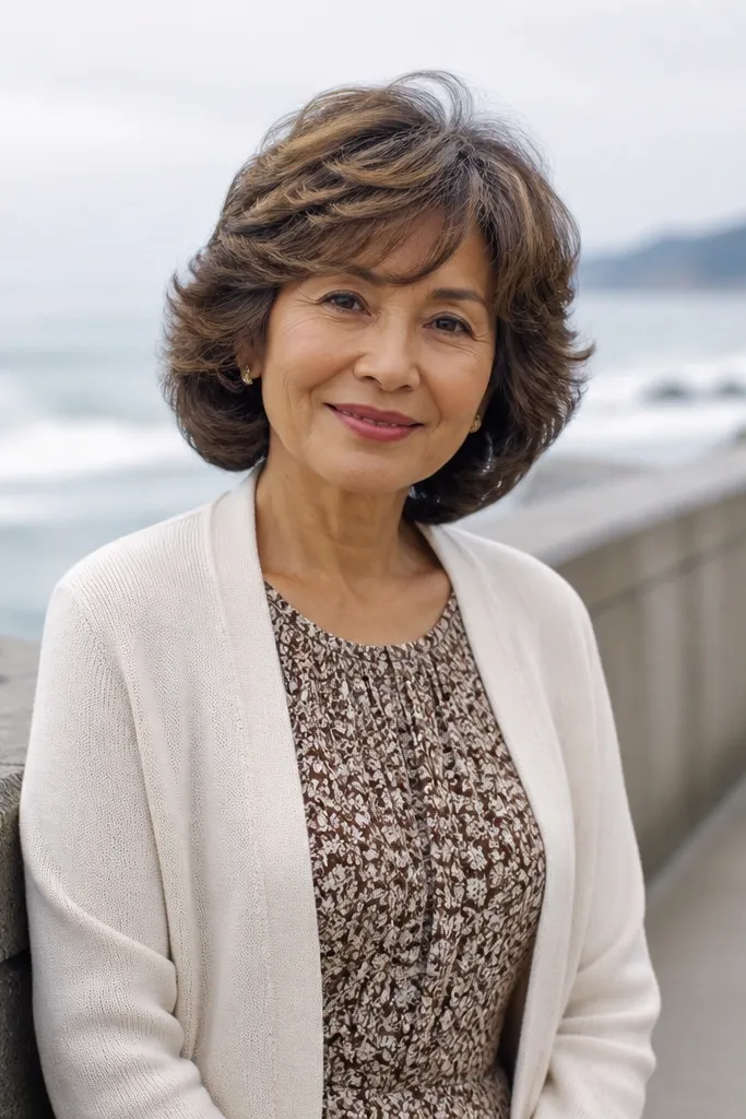 Short bob with soft curls and a swept fringe across the forehead