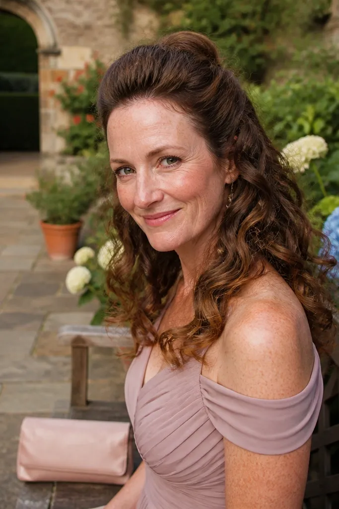 Half-up curls with a lifted crown and pinned sides