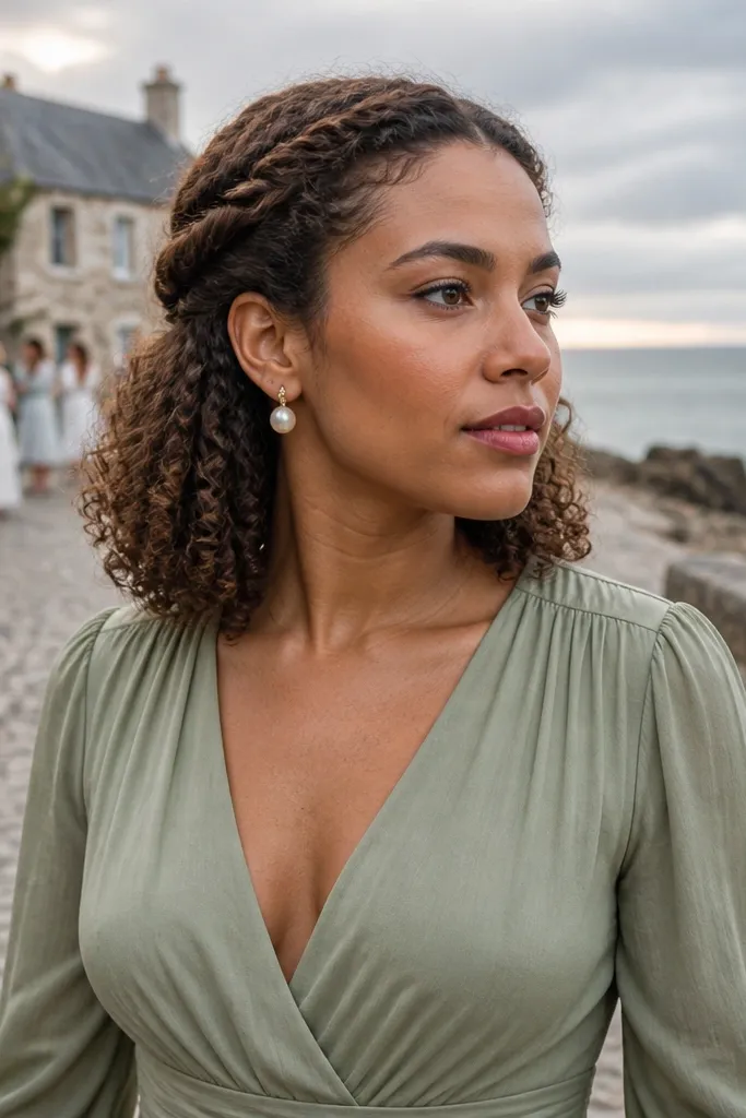 Side twist wrapping around head with pinned curls
