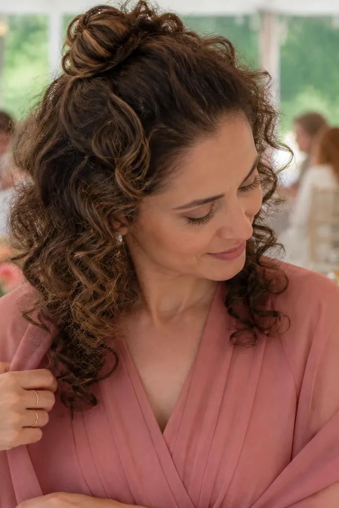 Half-up knot forming a bow with curls framing the face