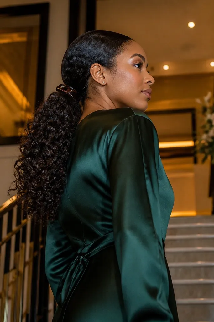 Low ponytail with twisted base and loose curly length