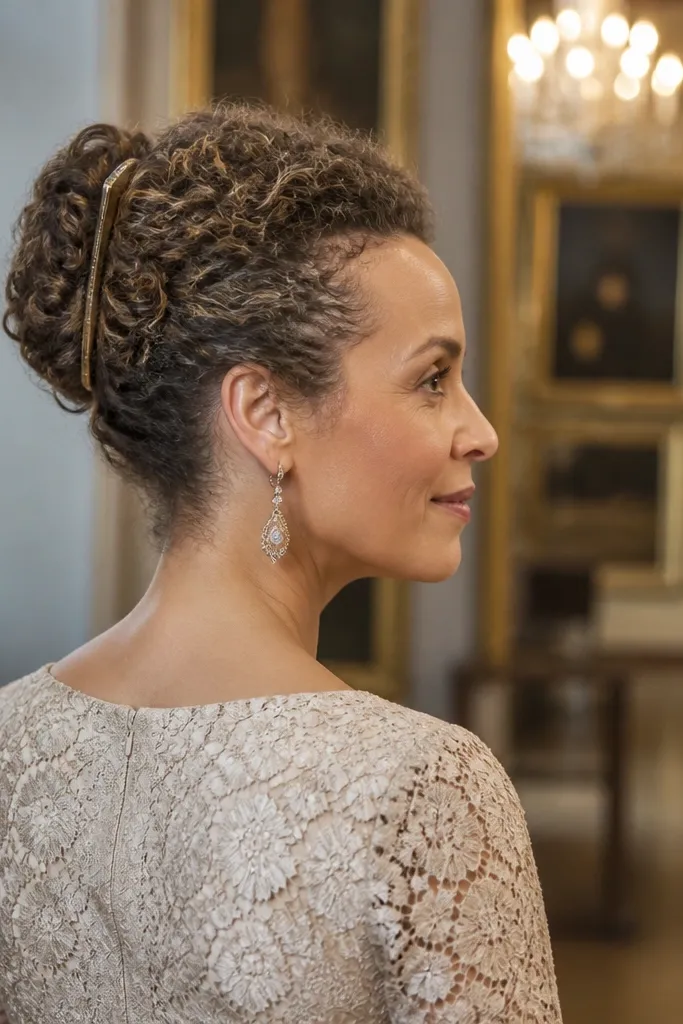Curly French roll bun with soft face-framing pieces