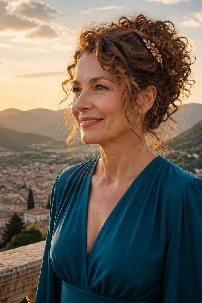 Loose curls pinned back at crown with volume at sides