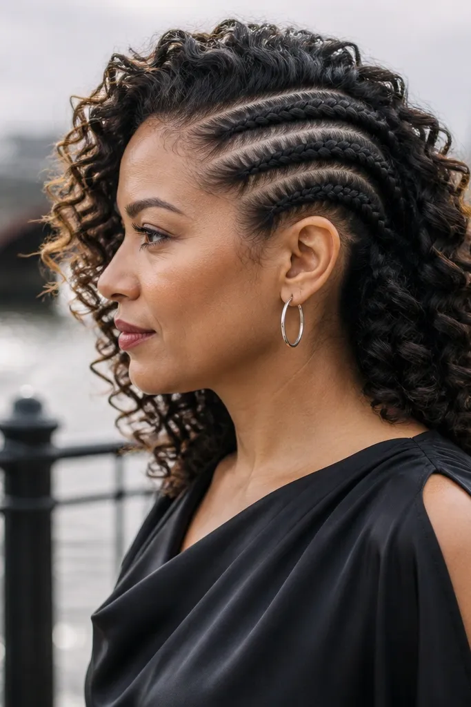 Side-part rope braid with defined curls falling over shoulder