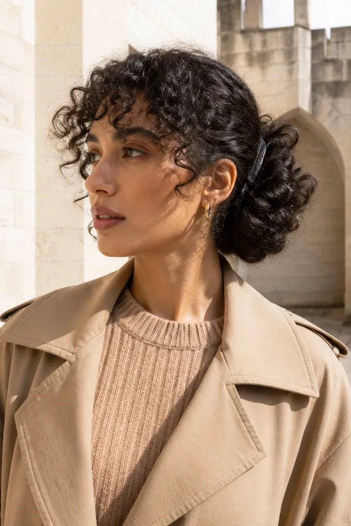Side bun with sleek base and curled fringe near forehead