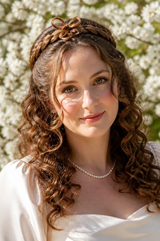Half-up crown braid with a small bow at the top