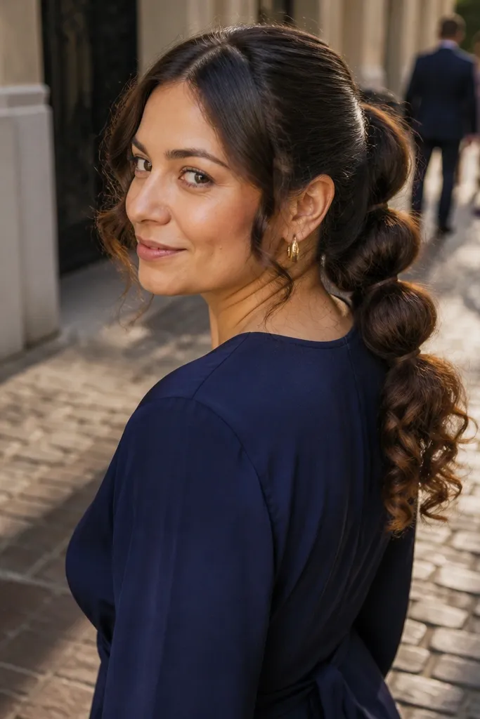 Bubble ponytail with multiple elastic sections over curly hair