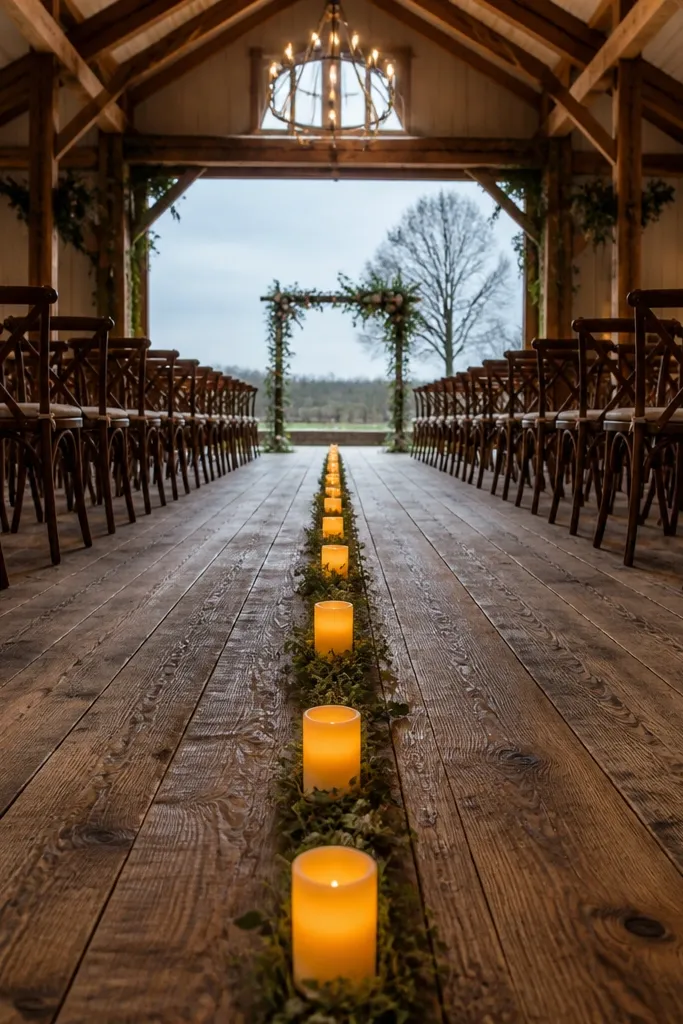 Weathered wood aisle runner with amber LED candles and dried greenery