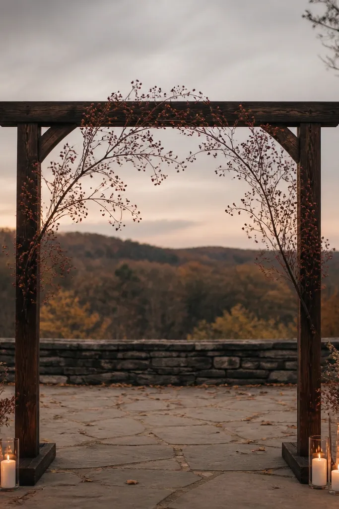 Dark wood arch with dried cranberry stems and thin greenery