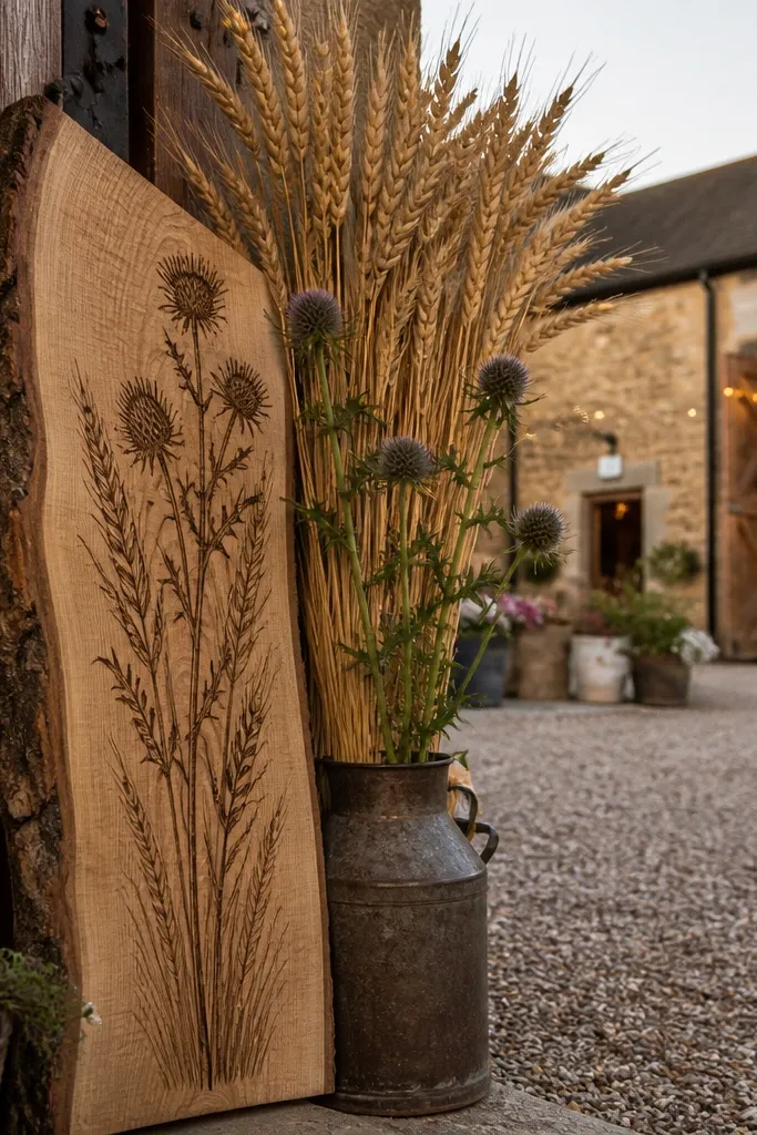 Timber slab welcome sign with wheat and thistle accents