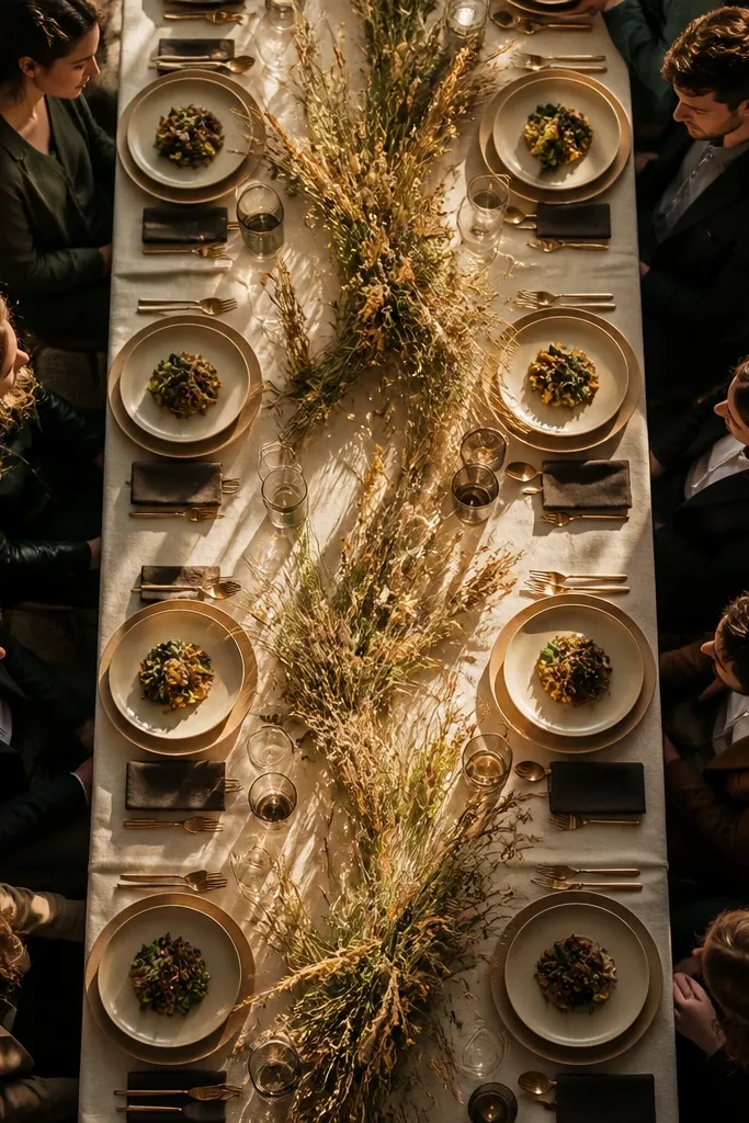 Seeded grass runner with matte clay chargers and dark linen napkins