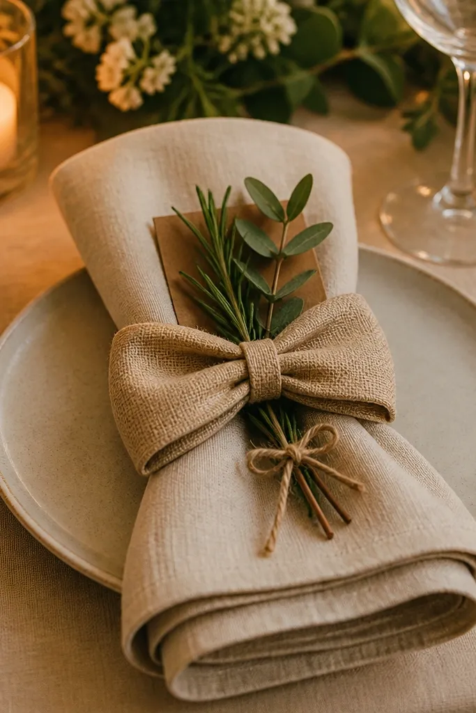 Burlap blend napkins tied with small sprig tags on dinner plates