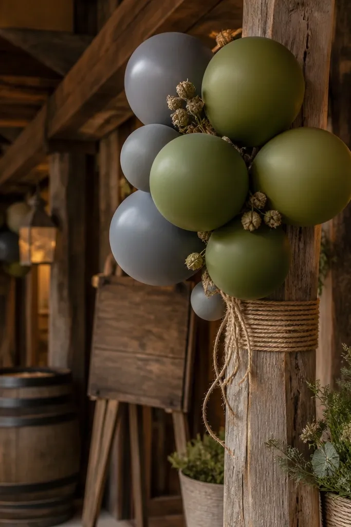 Olive and smoke gray balloon clusters with small seed pods